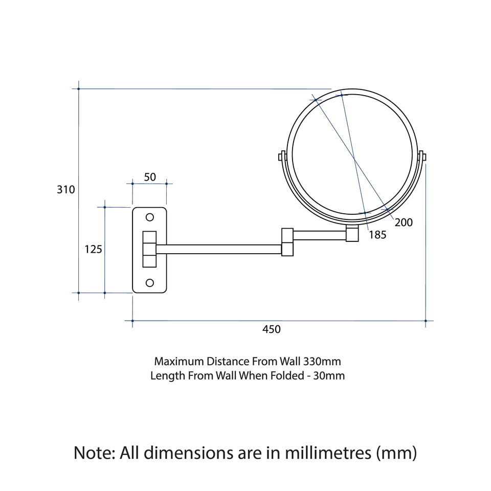 Ablaze R16SMBB 1&5x Magnification Brushed Brass Mirror technical drawing (R16SMBB)