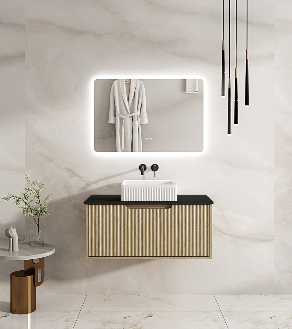 Fluted Rhea 900mm Wall-Hung Cabinet - Natural Oak - RH-90W-NO_ST-90-BK_1