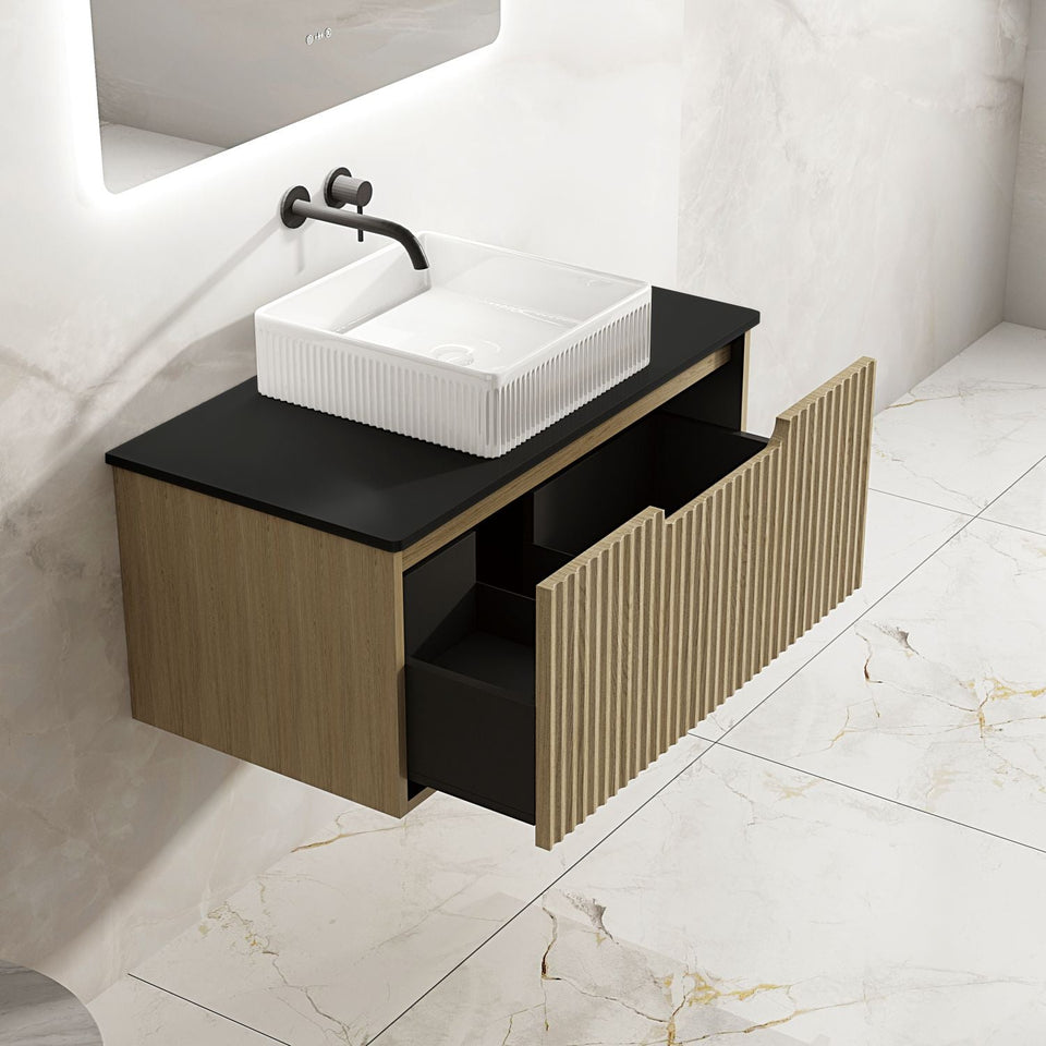 Fluted Rhea 900mm Wall-Hung Cabinet - Natural Oak - RH-90W-NO_ST-90-BK_3