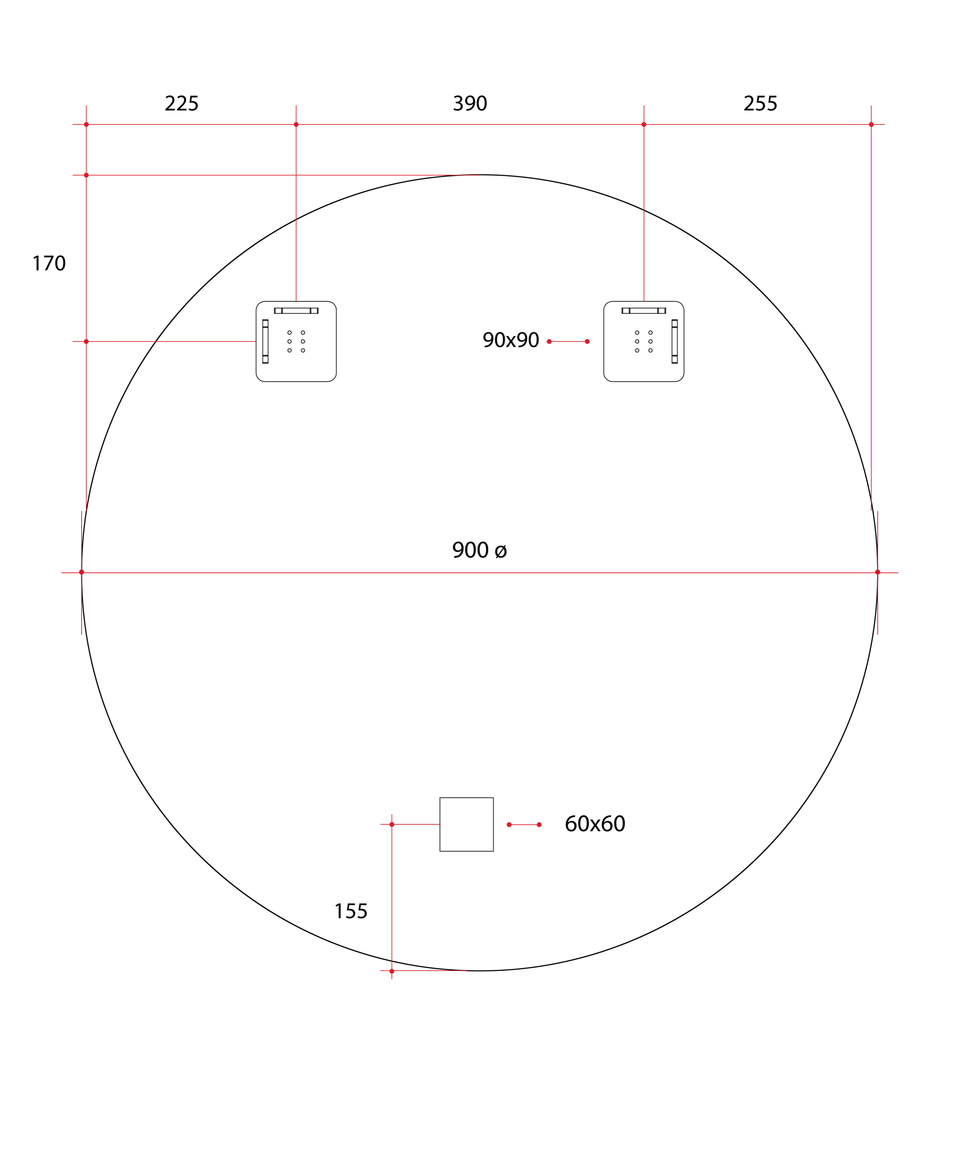 Ablaze RR9090HN Round Polished Edge Mirror technical drawing (RR9090HN)