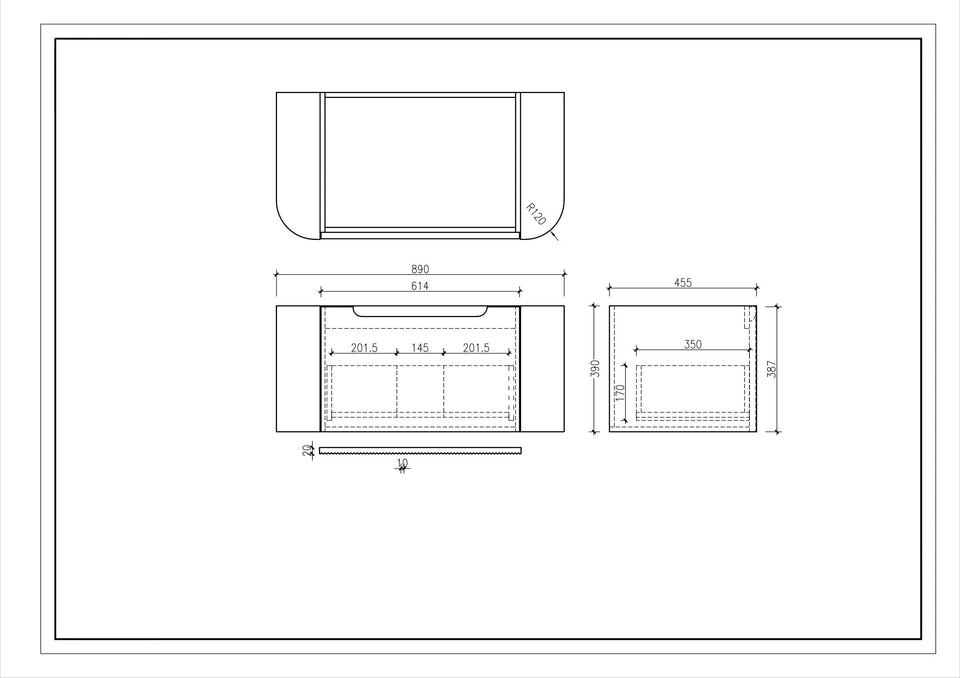 Rome Fluted Groove 900mm Wall-Hung Cabinet - Bur Oak - Rome_900_drawing