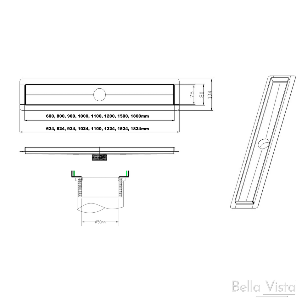 Bella Vista Zenon Shower Grate – Tile Insert technical drawing (SG-1100-T)
