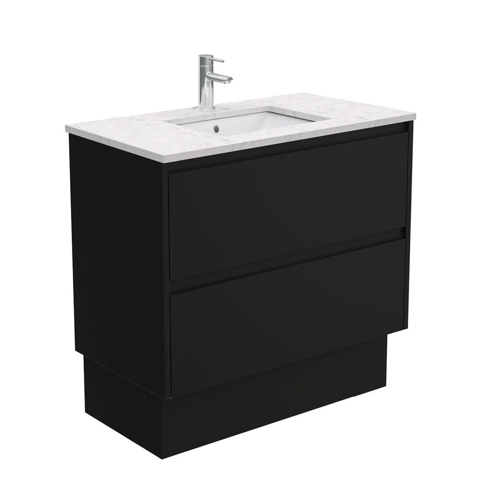 Fienza Sarah Bianco Marble Undermount 900 Amato Satin Black Vanity on Kick