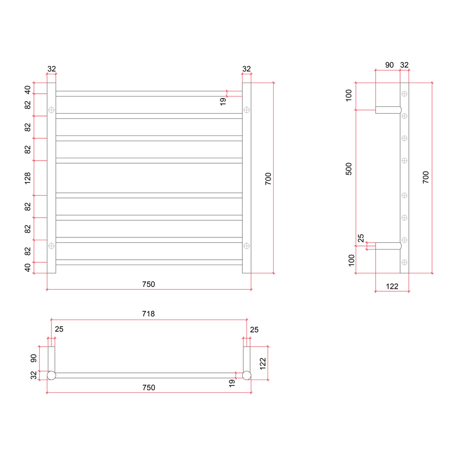 Thermogroup SR33MBB Brushed Brass Round Ladder Heated Towel Rail technical drawing (SR33MBB)