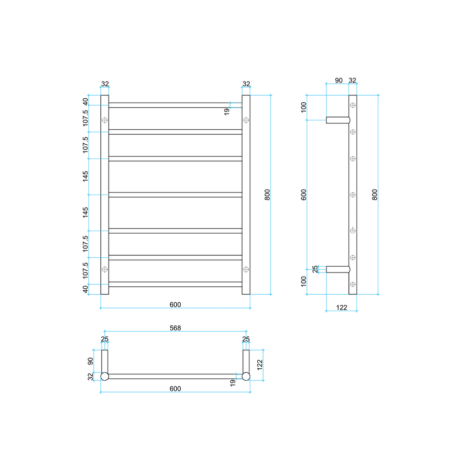 Thermogroup BS44M Straight Round Polished Budget Ladder Heated Towel Rail technical drawing (BS44M)