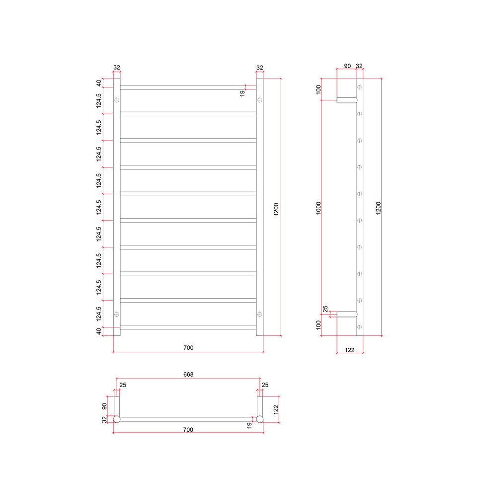 Thermogroup SR69MBB Brushed Brass Straight Round Heated Ladder Rail technical drawing (SR69MBB)