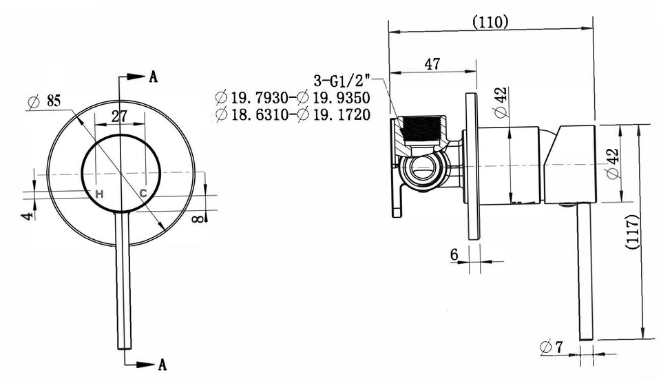 Modern National Star Mini Shower Mixer 80mm technical drawing (STRM008BK)