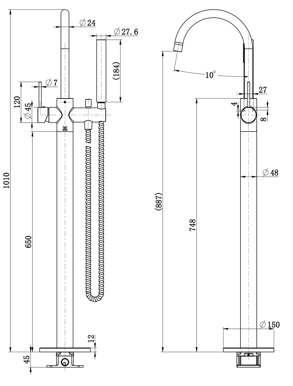 Modern National Star Mini Freestanding Bath Mixer With Hand Shower technical drawing (STRM012-3BK)