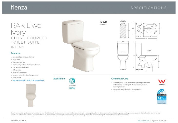 Fienza RAK Liwa White Close-Coupled Toilet Suite Ivory with S-Trap 140