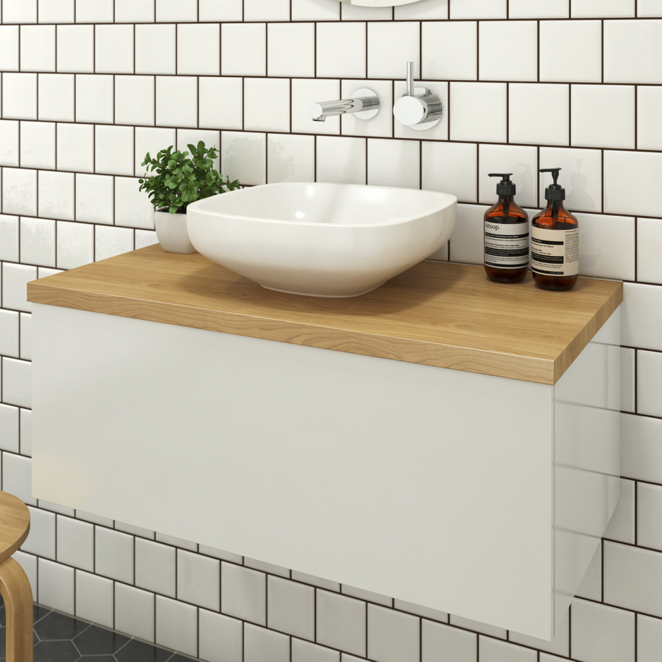 Rifco - Sleek Single Drawer Wall Hung Vanity Ceasarstone Top with Above Counter Ceramic Basin