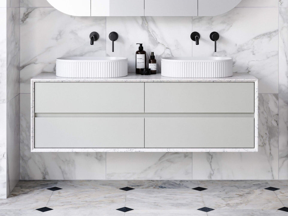 Timberline Custom Timberline Embrace Wall Hung Vanity with SilkSurface Wraparound Top and Above Counter Basin