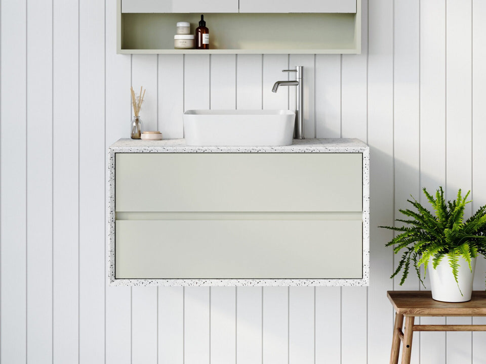 Timberline Custom Timberline Embrace Wall Hung Vanity with SilkSurface Wraparound Top and Above Counter Basin