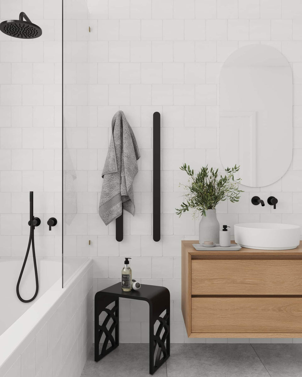 Thermogroup VP900B Matt Black Flat Pill 12V Vertical Single Heated Towel Rail (VP900B) 2