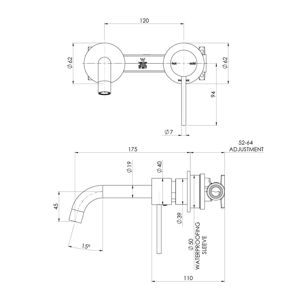 Phoenix Vivid Slimline SwitchMIx Wall Basin/Bath Mixer 60mm Complete Kit Gun Metal - Lead Free