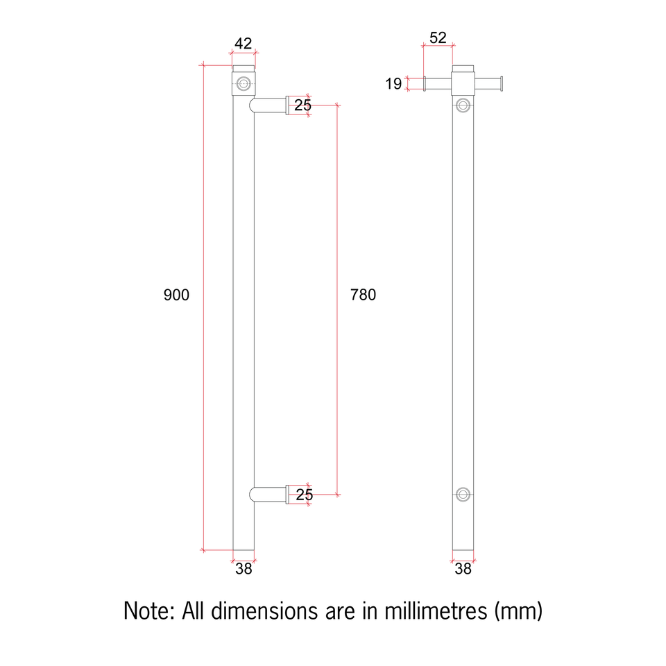 Thermogroup VS900HBZ Brushed Bronze Round Vertical Heated Rail technical drawing (VS900HBZ)