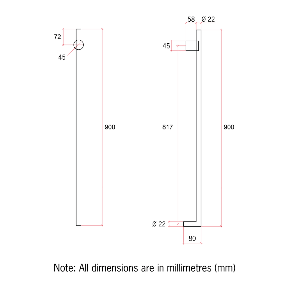 Thermogroup VTH900 Polished Stainless Vertical Heated Towel Rail technical drawing (VTH900)