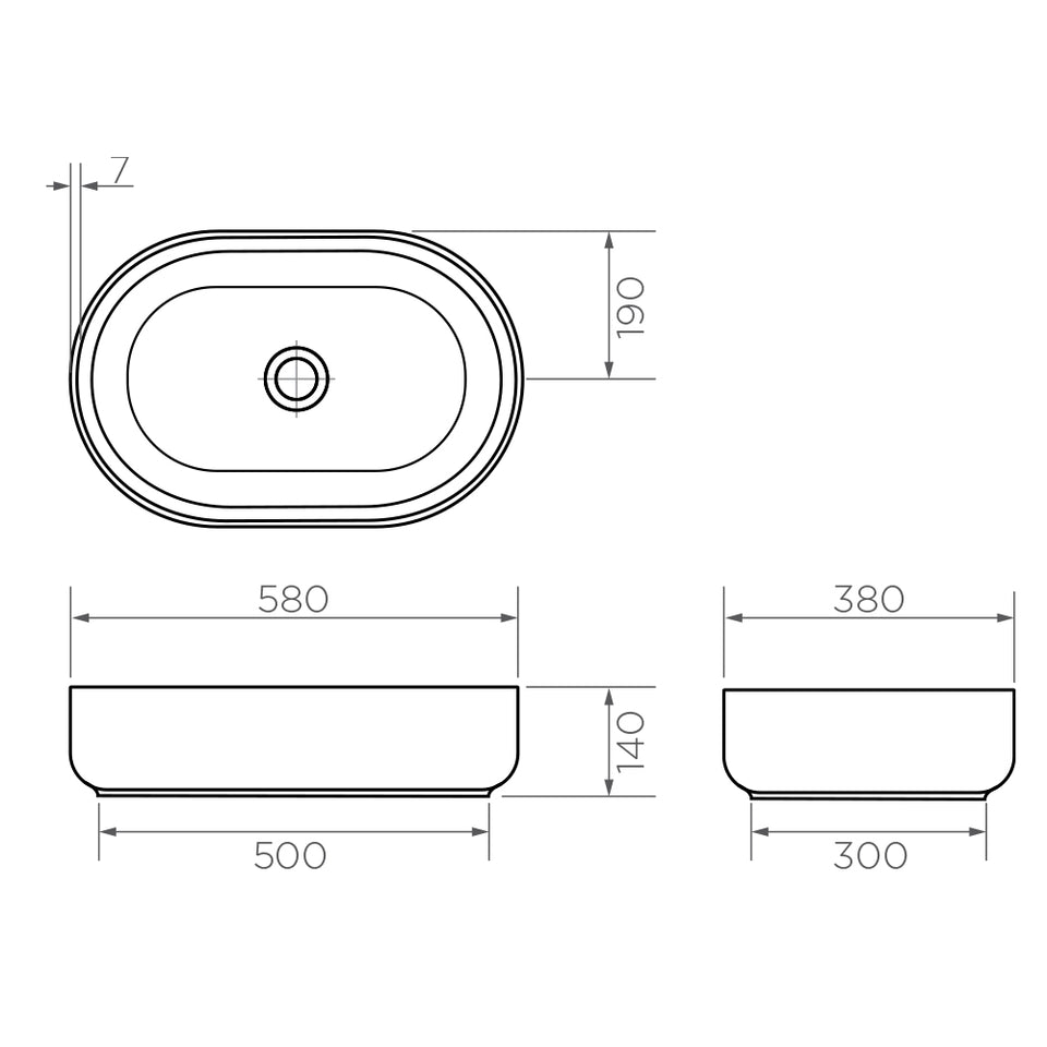 Arcisan 580 x 380 x 140 above counter basin - Matte White - Arcisan official technical image (AR04635.MW)