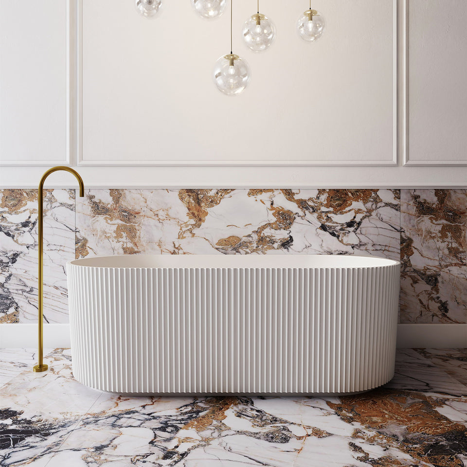 V-Groove Round Back To Wall Bath Matte White - back view, front view