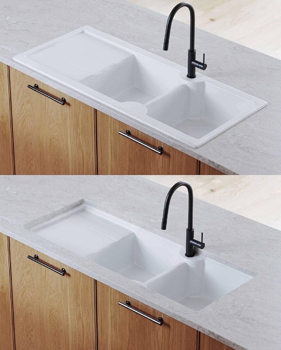 Turner Hastings Cuisine 116 x 50 Double Bowl Inset / Undermount Fine Fireclay Sink with Drainer