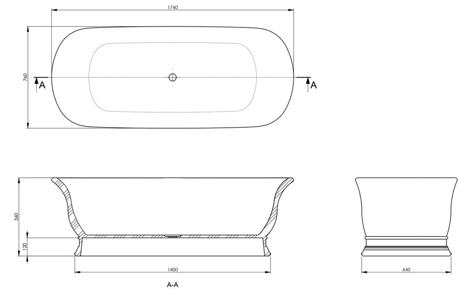 Turner Hastings Cambridge 174 x 76 TitanCast Solid Surface Freestanding Bath - Satin Silk White (CA1740TCB-OF) 7