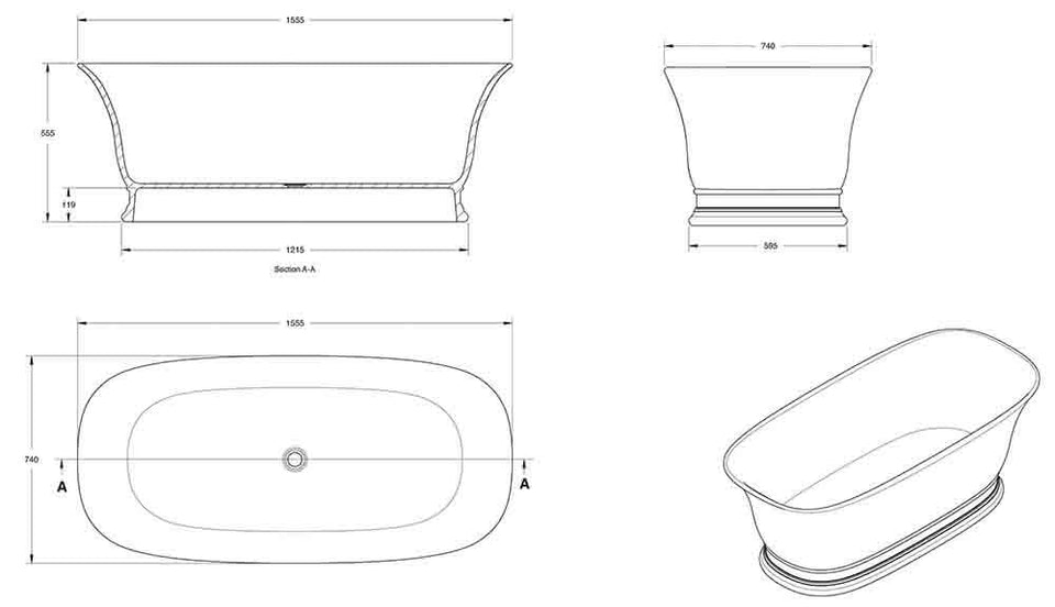 Turner Hastings Cambridge 156 x 74 TitanCast Solid Surface Freestanding Bath - Gloss White (CA1560TCB-GW-OF) 6