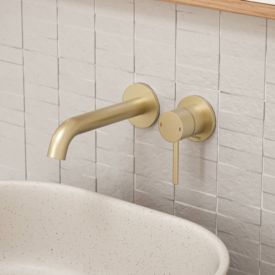 Caroma Liano II Lead Free Wall Basin/Bath Mixer Set Brushed Brass