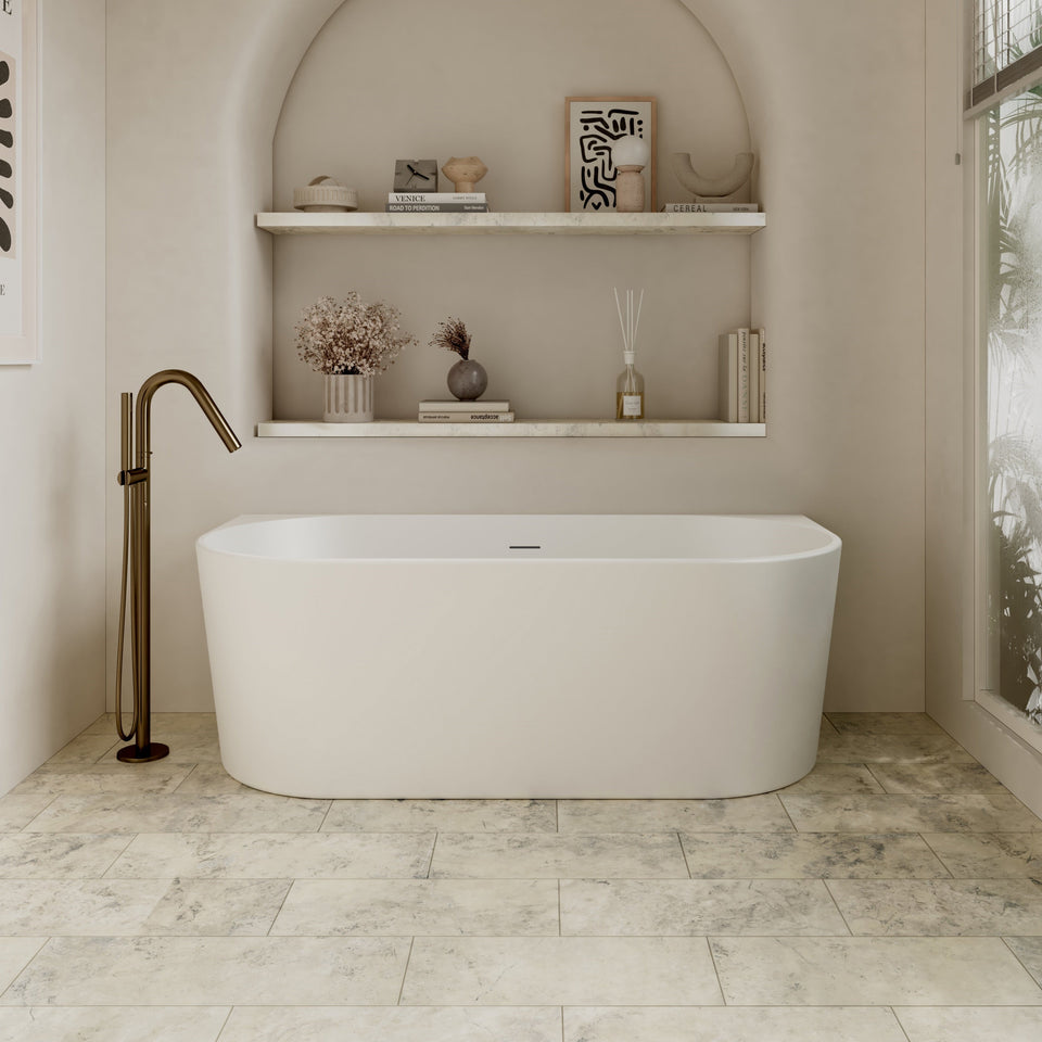 Auris Round Back to Wall Bathtub Gloss Finish - back view, overflow detail