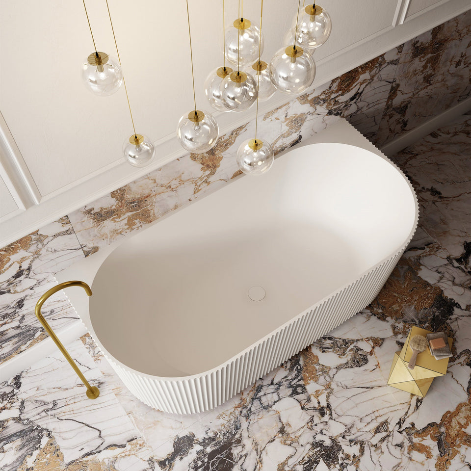 V-Groove Round Back To Wall Bath Matte White - back view, top view