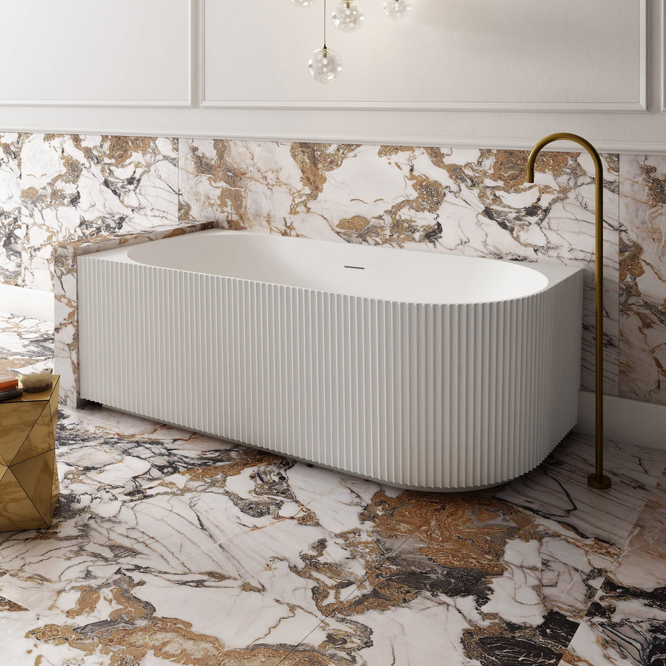 V-Groove Corner Back To Wall Bath Matte White - overflow detail, side view