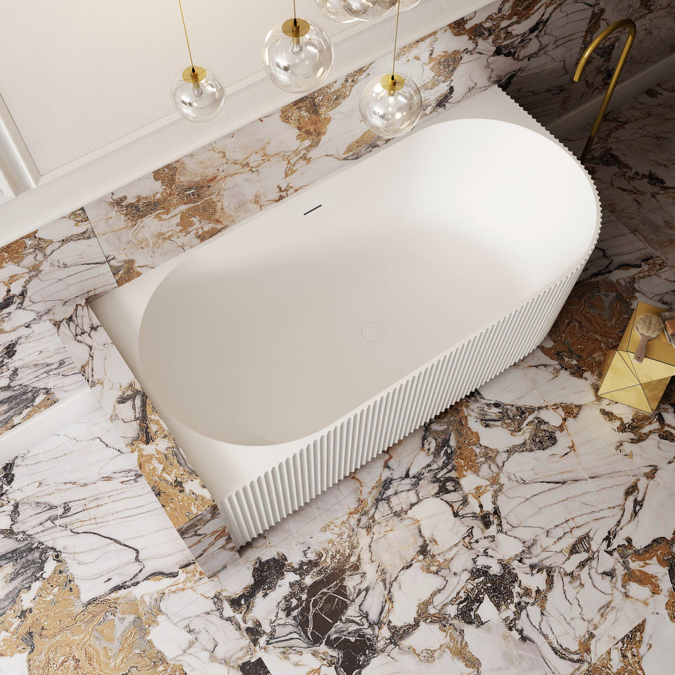 V-Groove Corner Back To Wall Bath Matte White - overflow detail, top view