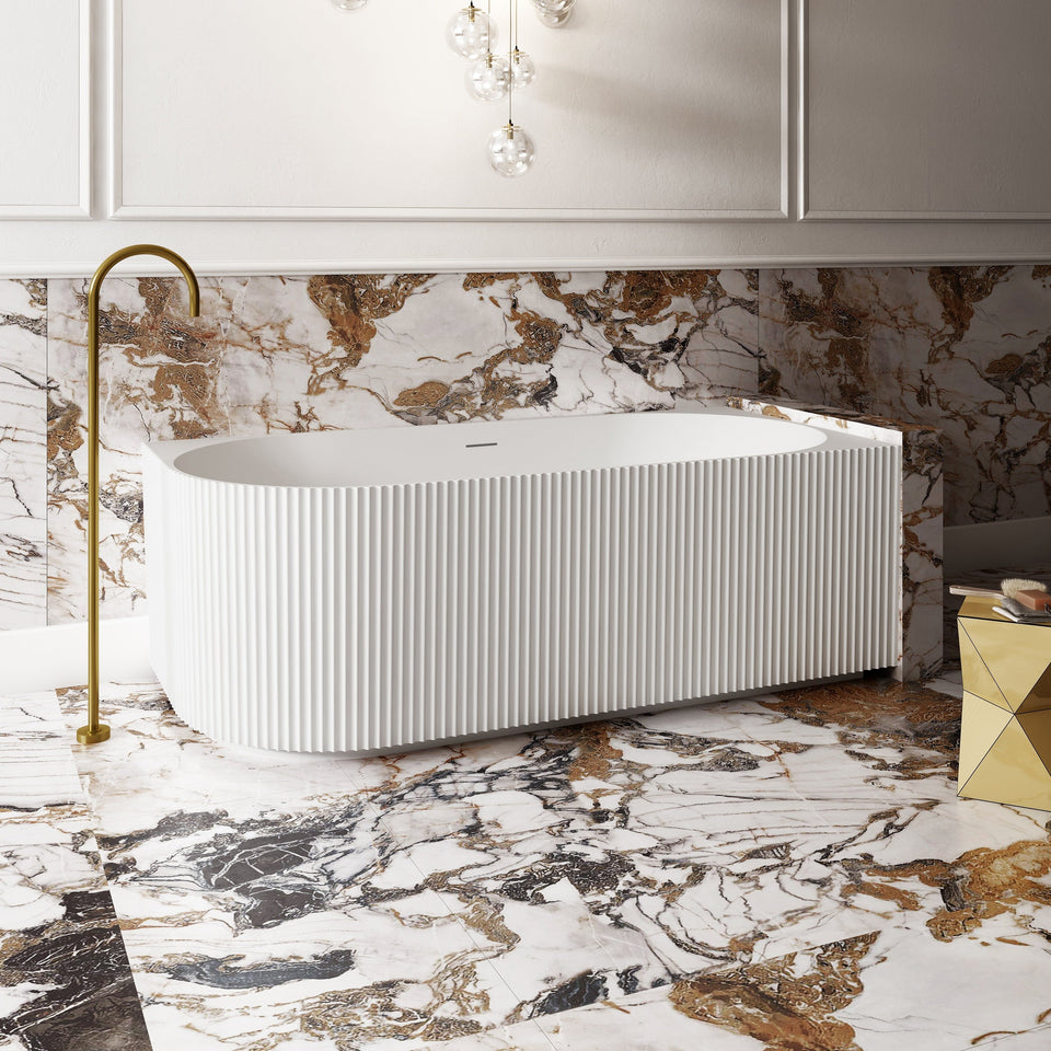 V-Groove Corner Back To Wall Bath Matte White - overflow detail, side view (2)