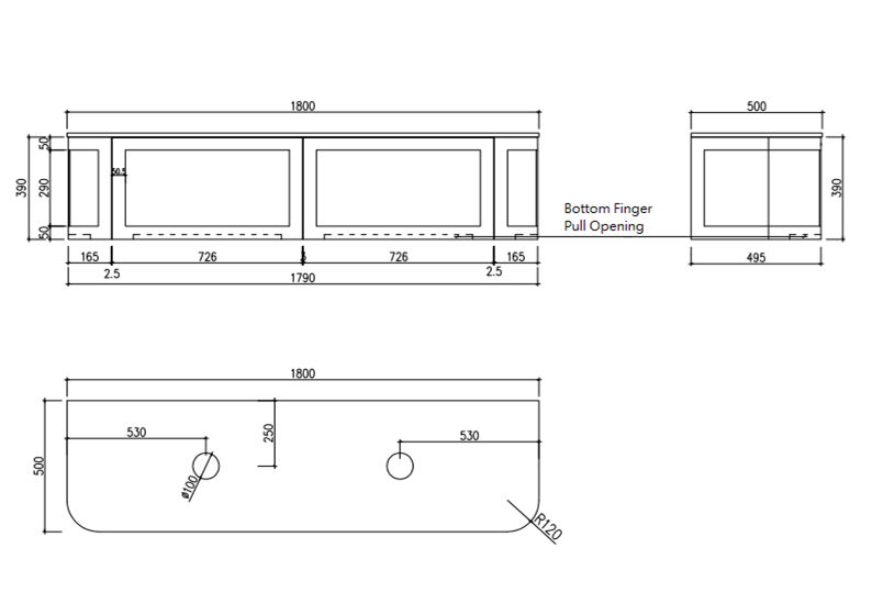 Westminster 1800mm Wall Hung Vanity - specification drawing