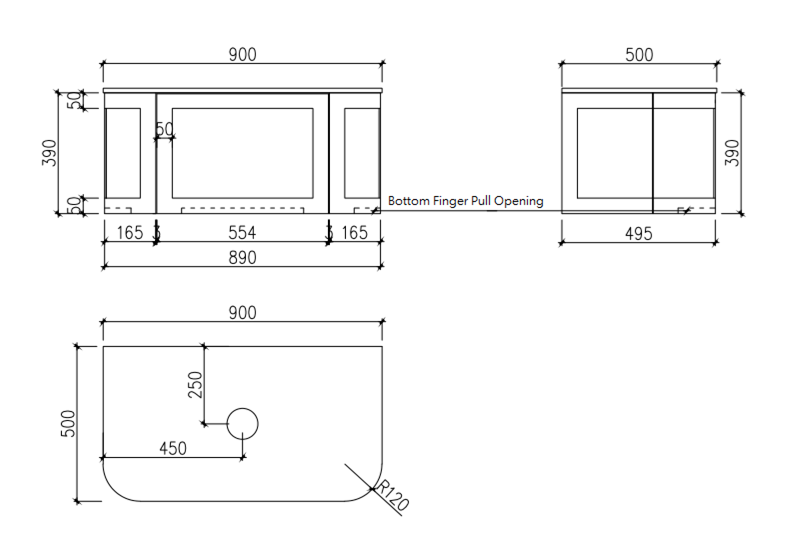 Westminster 900mm Wall Hung Vanity - specification drawing
