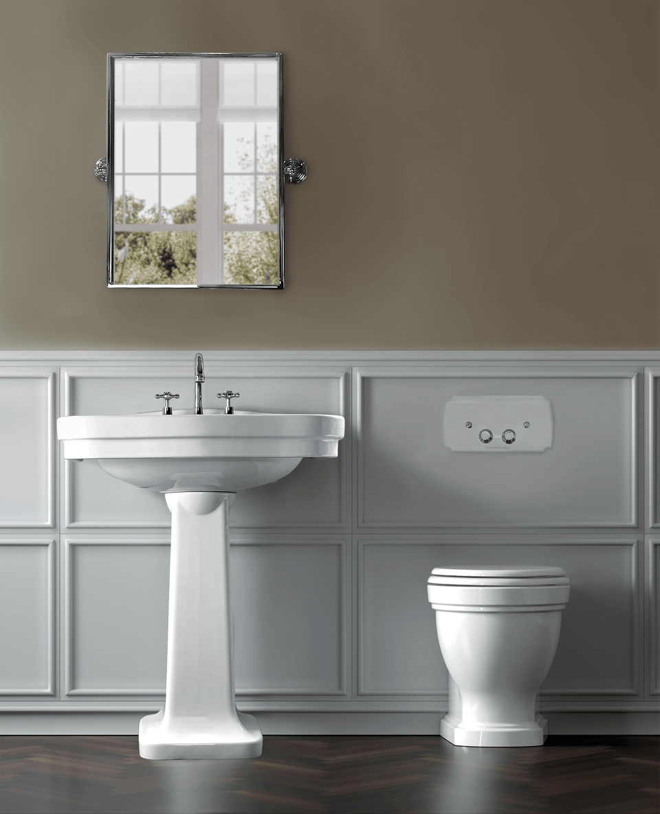 Turner Hastings Claremont Floor Mounted Pan & Seat + Geberit In-wall Cistern + Traditional Flush Plate