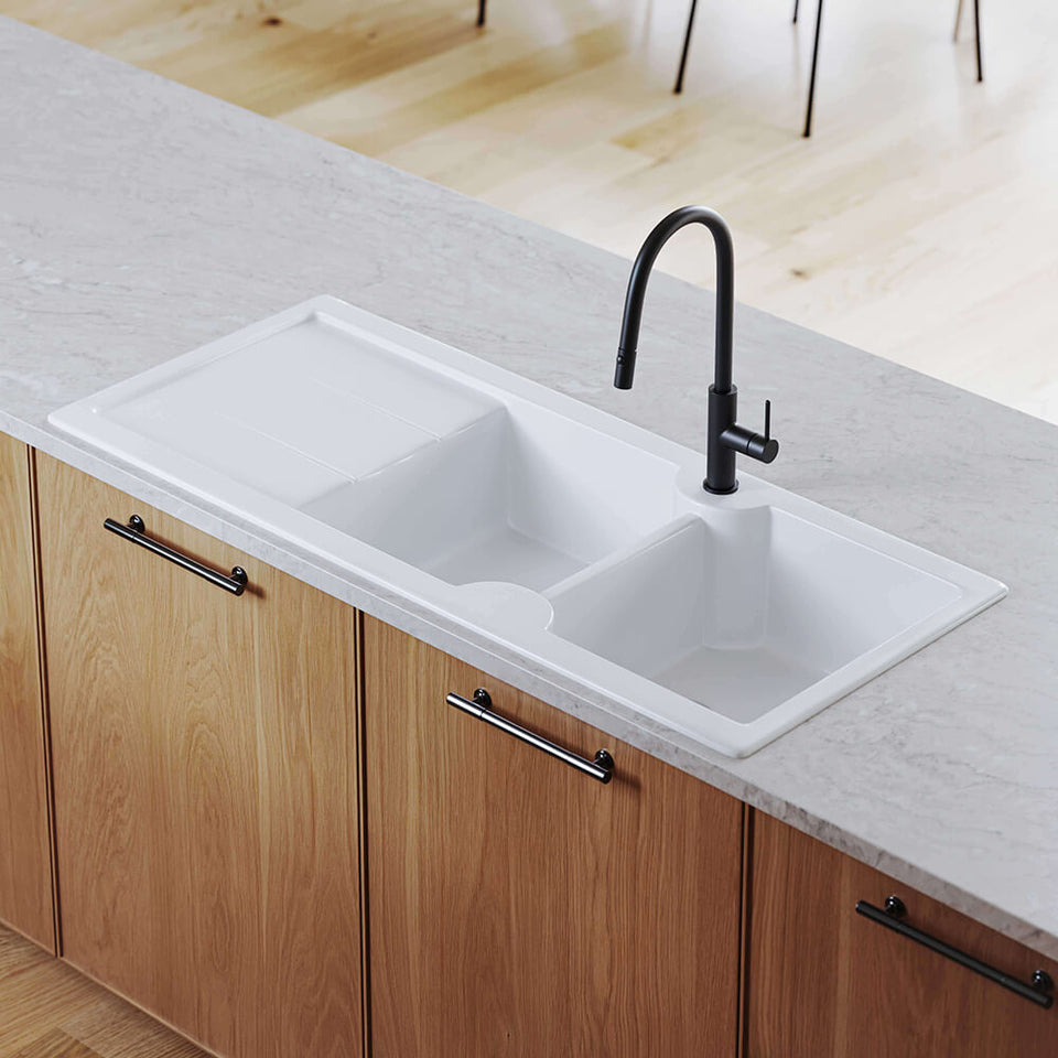 Turner Hastings Cuisine 116 x 50 Double Bowl Inset / Undermount Fine Fireclay Sink with Drainer