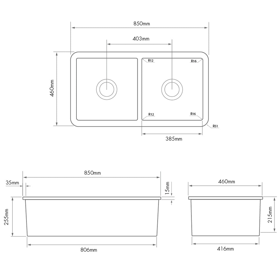 Turner Hastings Cuisine 85 x 46 Double Inset / Undermount Fine Fireclay Gloss White Sink (CUD85FS) 10