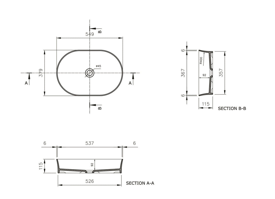 Turner Hastings Fino 55 x 38 Above Counter Fireclay Basin