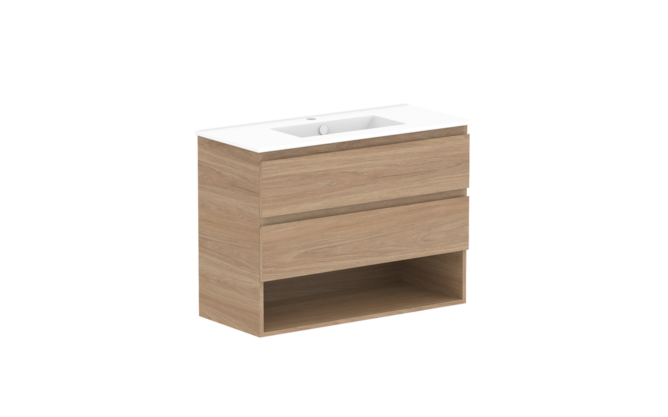 ADP Glacier Lite Ensuite Shelf Twin Vanity with Ceramic Top - 900mm Centre Bowl (GLLESW0900WHCCE)