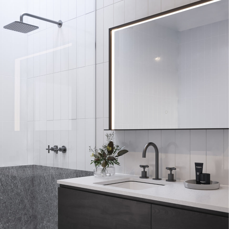 Kibo Mirror with Shelf - 900 x 700 - matte black frame - Arcisan official hero image (KB06244.MB)