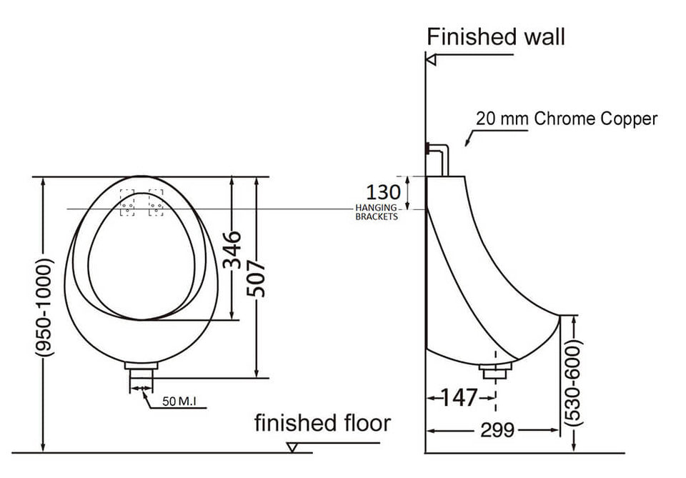 Turner Hastings Leon Ceramic Urinal - Top Inlet, Bottom Outlet