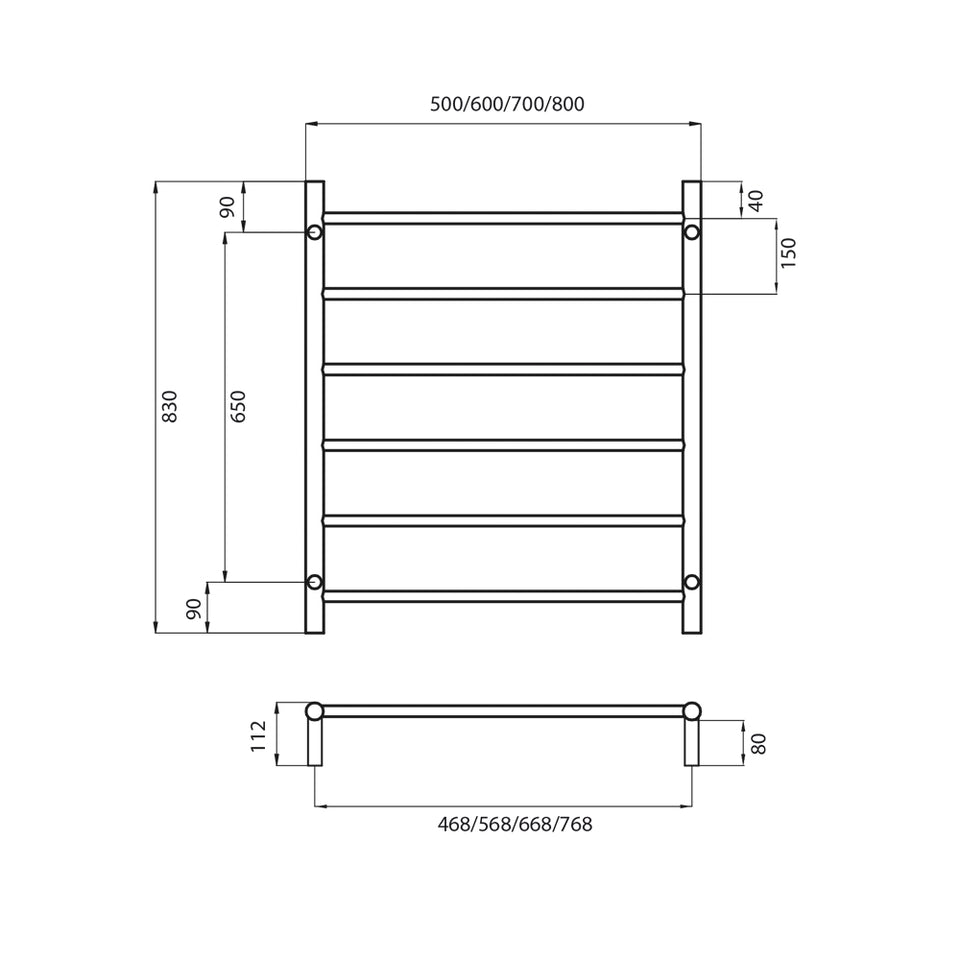 Radiant Non-heated Round Ladder 700 x 830 mm Matt Black technical drawing (BLTR01)