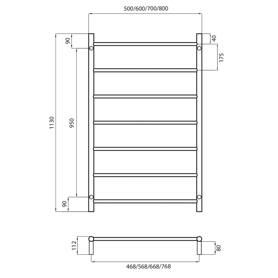 Radiant Non-heated Round Ladder 100 X 1130 mm Mirror Polished technical drawing (LTR02-500)