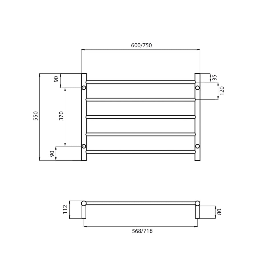Radiant Non-heated Round Ladder 750 X 550 mm Mirror Polished technical drawing (LTR03-750)