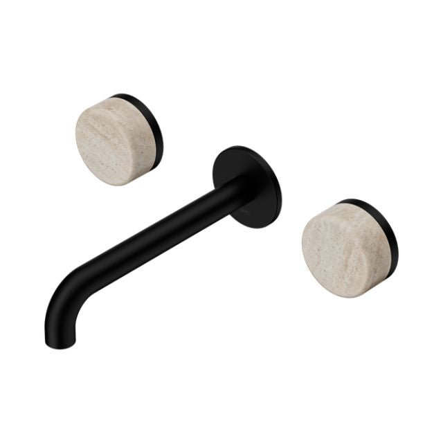 Nero Serenity Wall Basin Set 160/185/220mm Spout With Rome Travertine Handles Matte Black