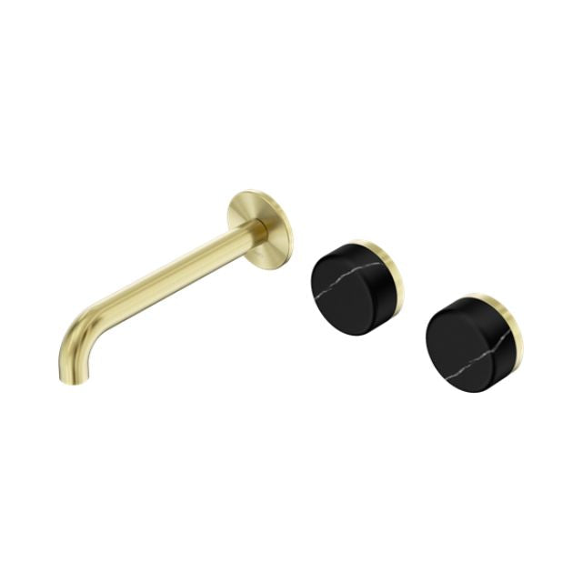 Nero Serenity Wall Basin/Bath Set 160/185/220mm Offset Spout With Marquina Black Handles Brushed Gold