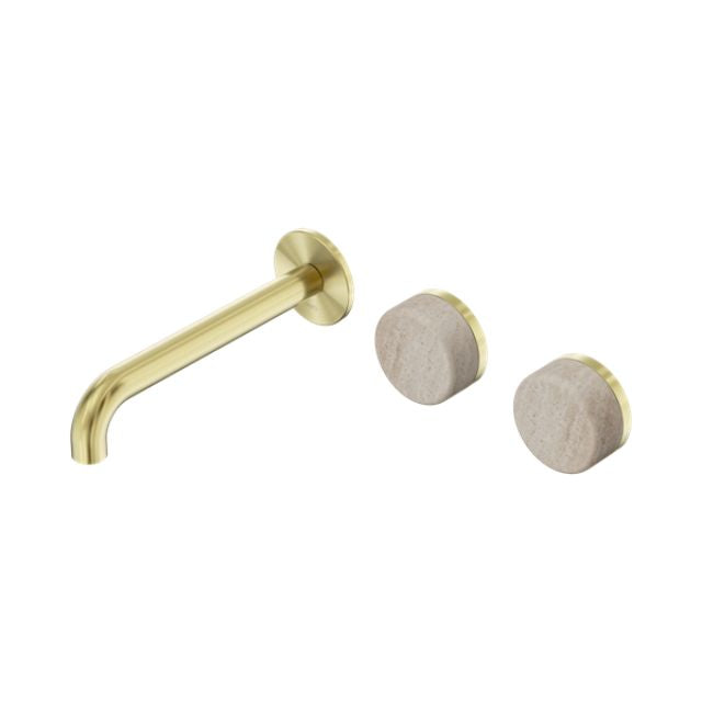 Nero Serenity Wall Basin/Bath Set 160/185/220mm Offset Spout With Rome Travertine Handles Brushed Gold