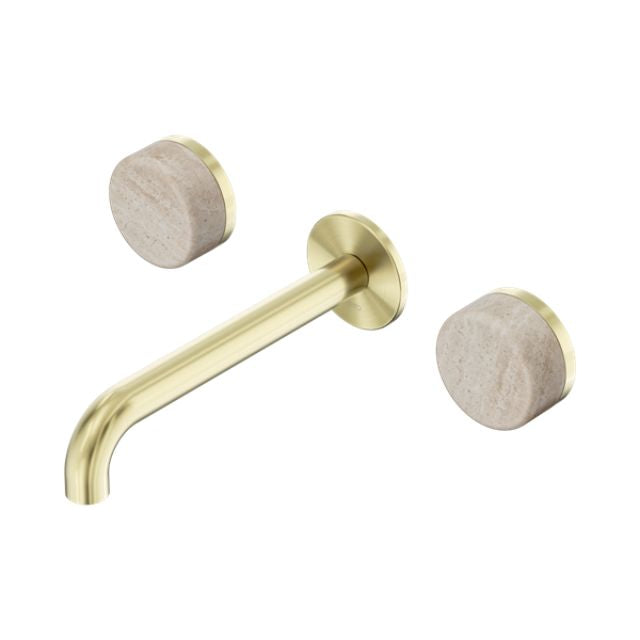 Nero Serenity Wall Basin Set 160/185/220mm Spout With Rome Travertine Handles Brushed Gold