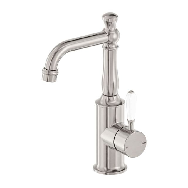 Nero York Basin Mixer with White Porcelain Lever - Brushed Nickel