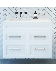 Rifco - Newport Wall Hung Vanity Caesarstone Top with Under Mount Basin, Shaker Drawers
