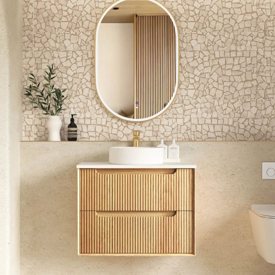 Otti Byron Fluted Woodland Oak Wall Hung Vanity with Pure White Top